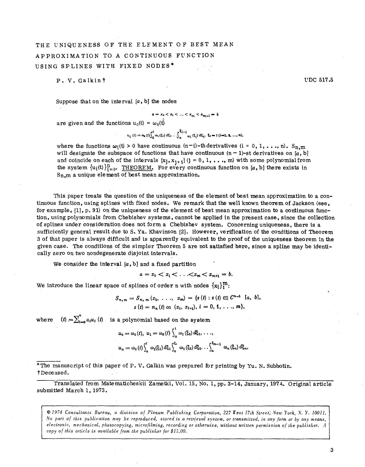 The uniqueness of the element of best mean approximation to a continuous function using splines with fixed nodes by Unknown