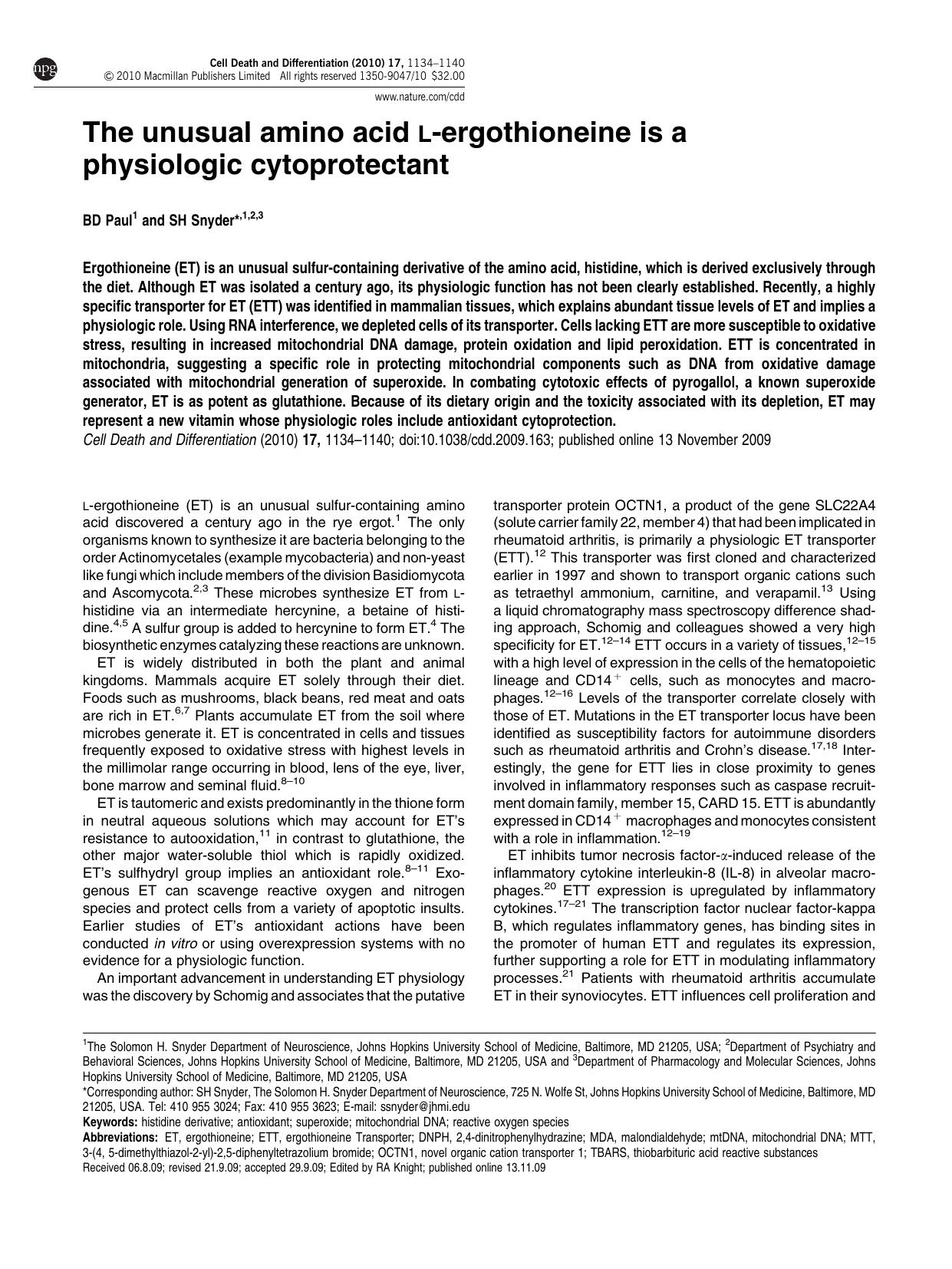 The unusual amino acid L-ergothioneine is a physiologic cytoprotectant by B D Paul & S H Snyder