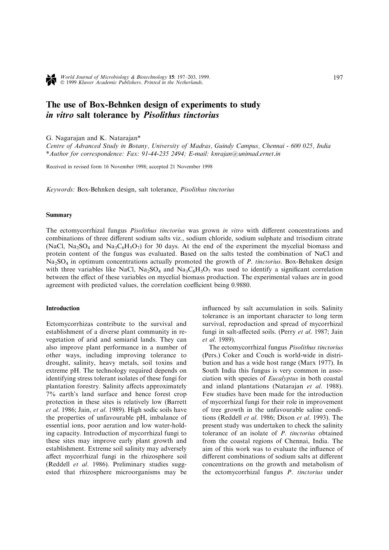 The use of Box-Behnken design of experiments to study in vitro salt tolerance by Pisolithus tinctorius by Unknown