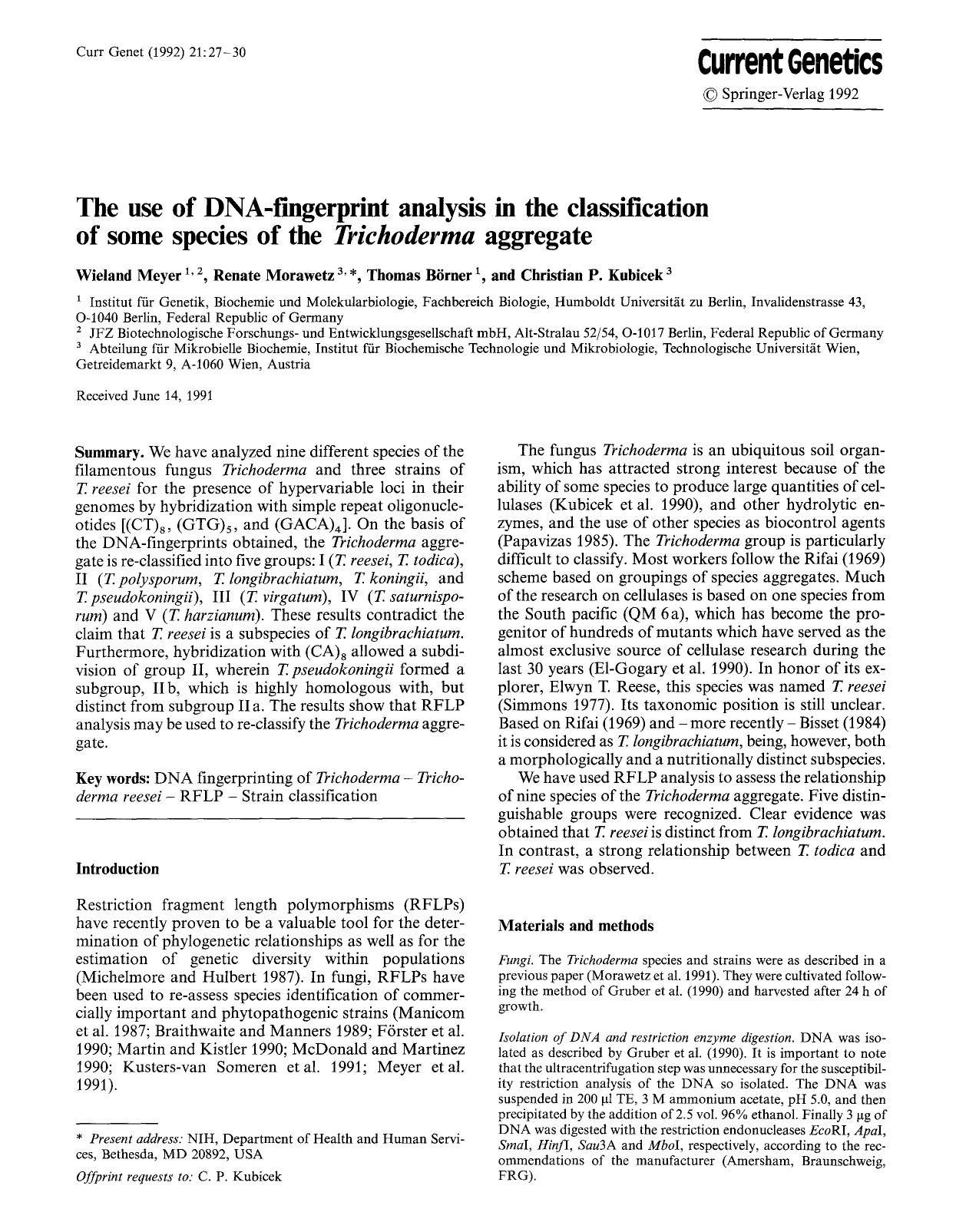The use of DNA-fingerprint analysis in the classification of some species of the <Emphasis Type="Italic">Trichoderma<Emphasis> aggregate by Unknown