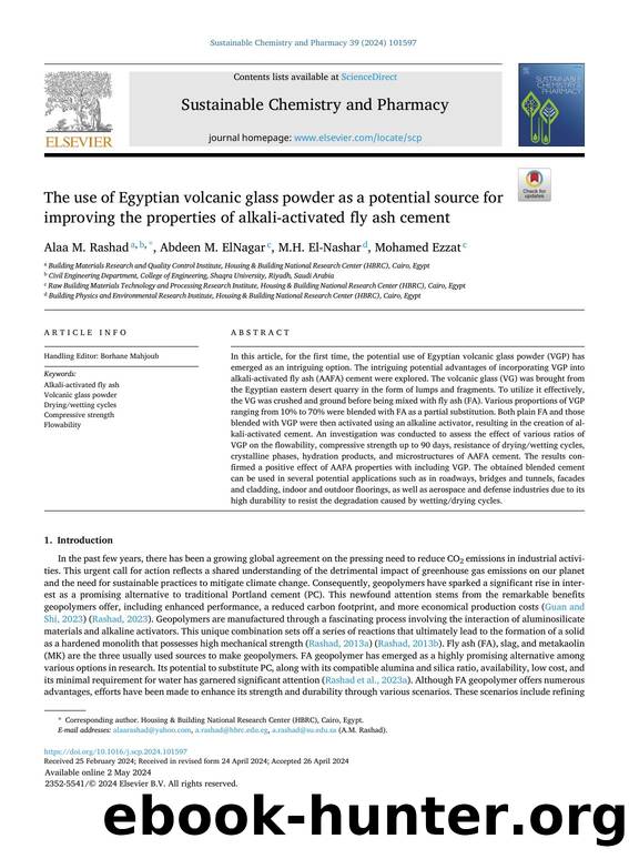 The use of Egyptian volcanic glass powder as a potential source for improving the properties of alkali-activated fly ash cement by Alaa M. Rashad & Abdeen M. ElNagar & M.H. El-Nashar & Mohamed Ezzat