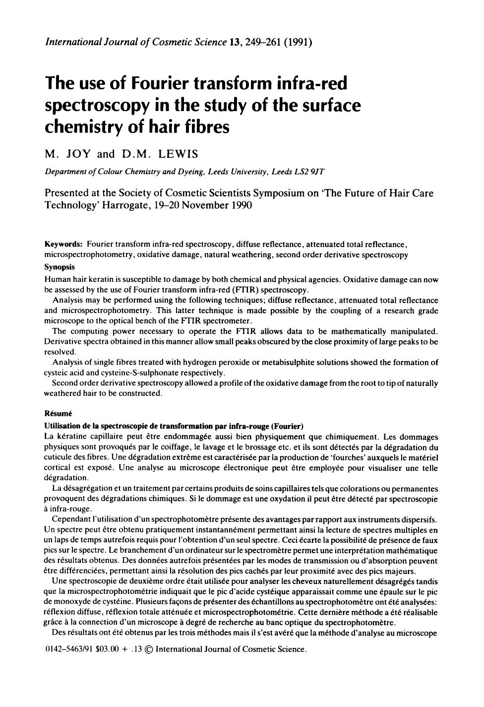 The use of Fourier transform infra-red spectroscopy in the study of the surface chemistry of hair fibres by Unknown