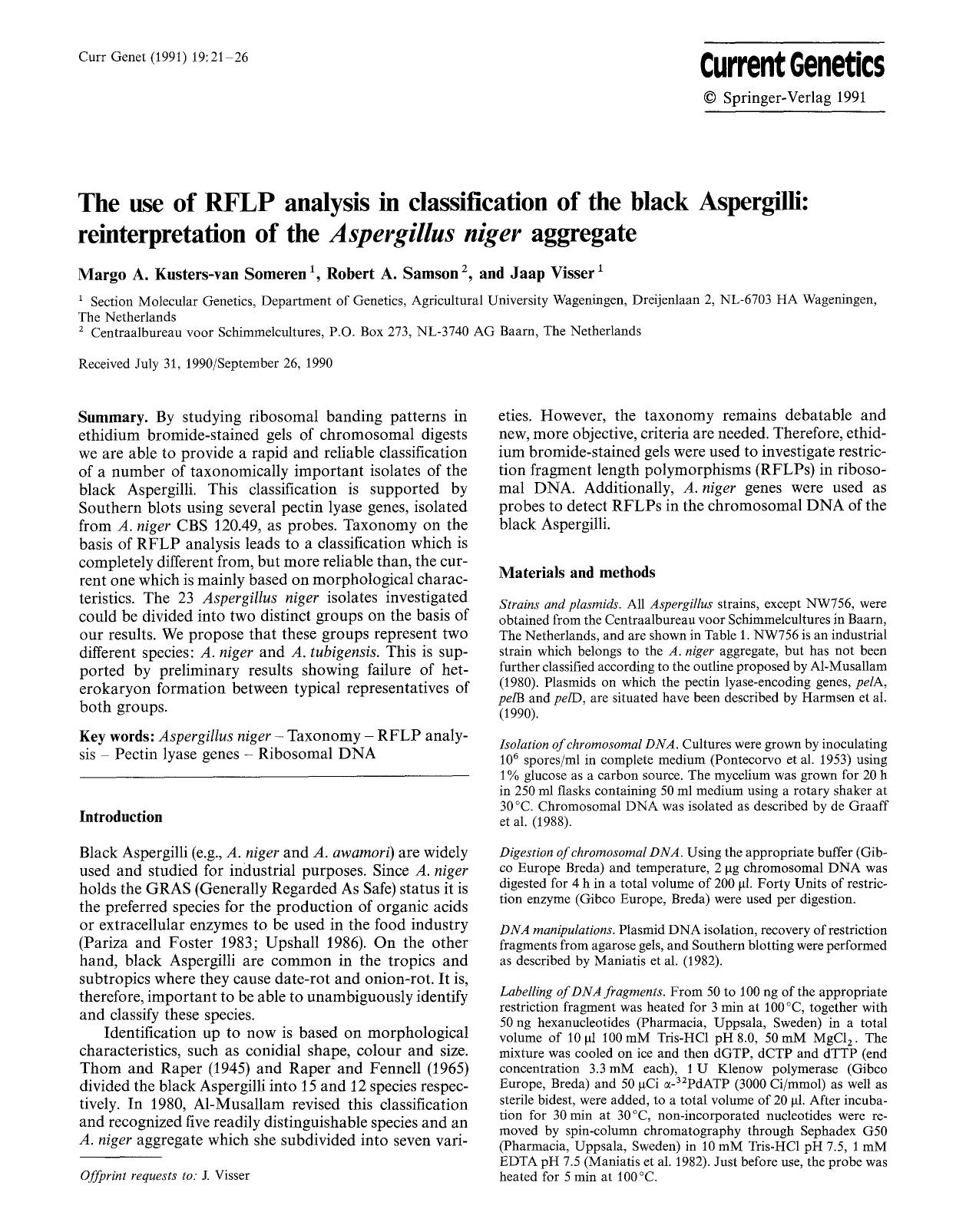 The use of RFLP analysis in classification of the black Aspergilli: reinterpretation of the <Emphasis Type="Italic">Aspergillus niger<Emphasis> aggregate by Unknown