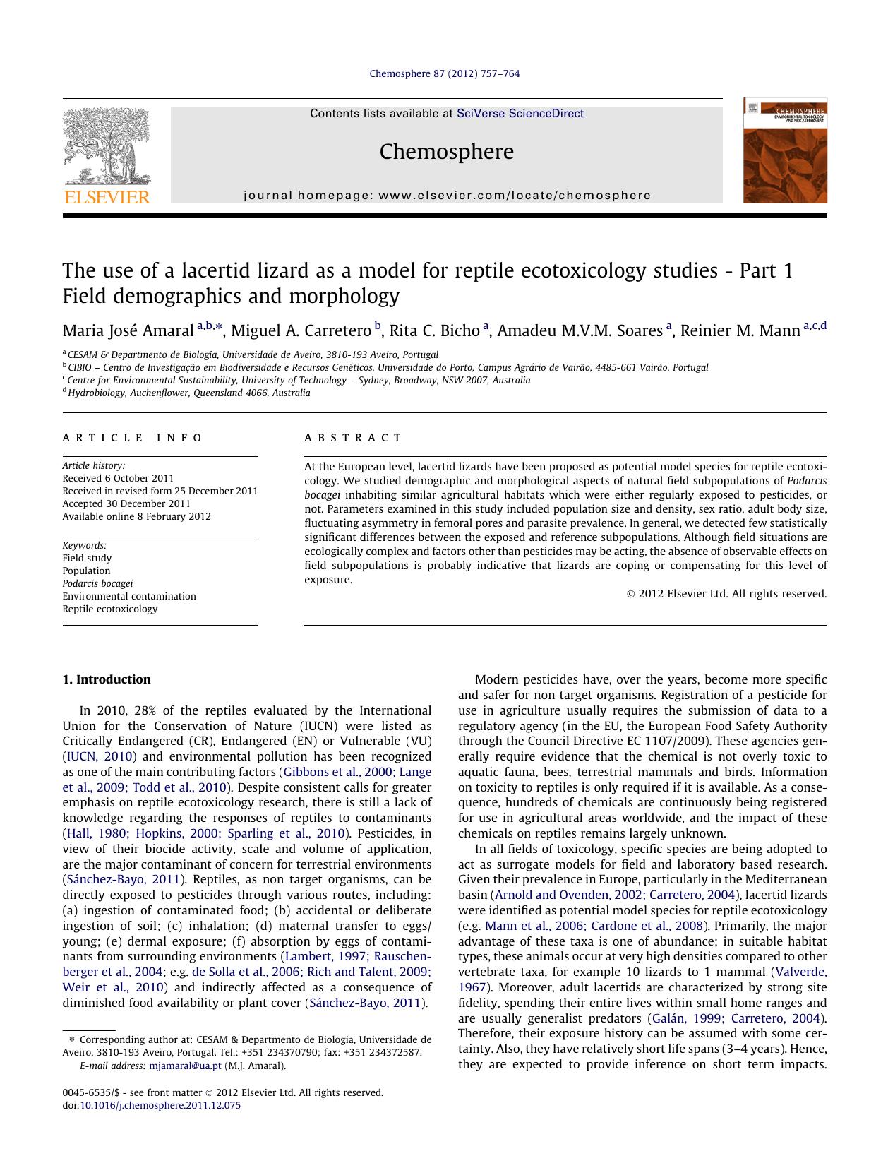 The use of a lacertid lizard as a model for reptile ecotoxicology studies - Part 1 Field demographics and morphology by Maria JosÃ© Amaral & Miguel A. Carretero & Rita C. Bicho & Amadeu M.V.M. Soares & Reinier M. Mann