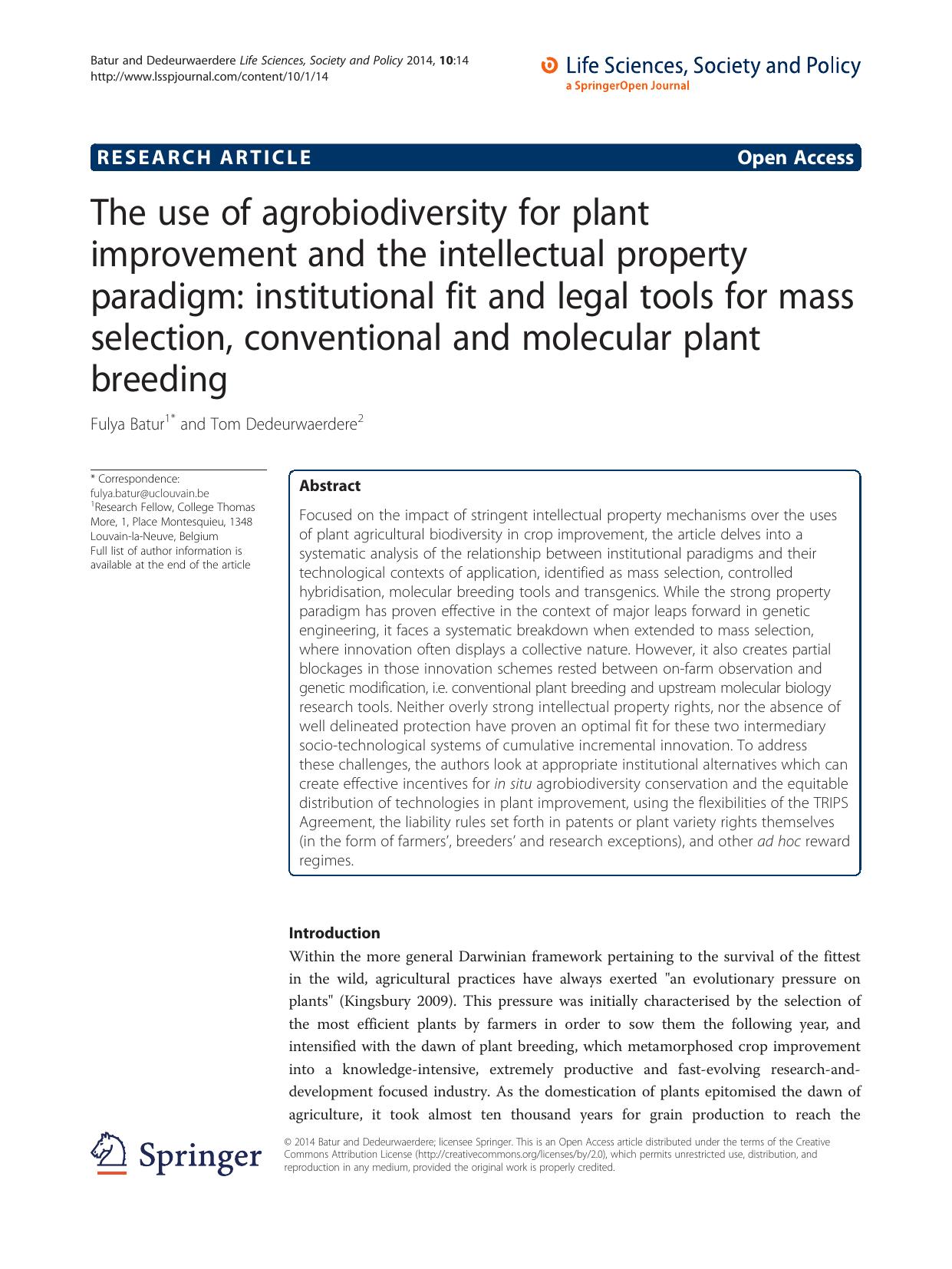 The use of agrobiodiversity for plant improvement and the intellectual property paradigm: institutional fit and legal tools for mass selection, conventional and molecular plant breeding by Fulya Batur & Tom Dedeurwaerdere