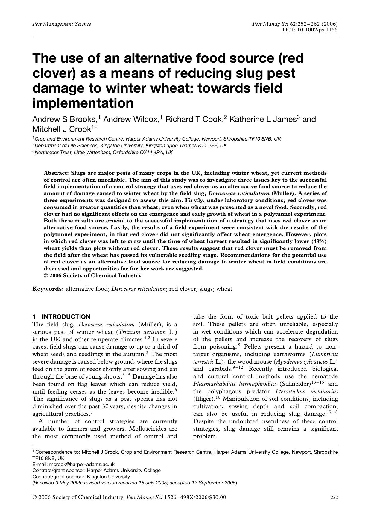 The use of an alternative food source (red clover) as a means of reducing slug pest damage to winter wheat: towards field implementation by Unknown
