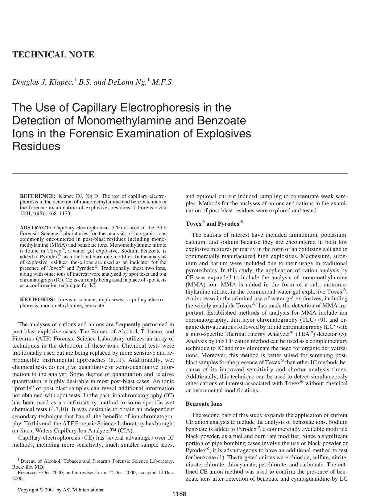 The use of capillary electrophoresis in the detection of monomethylamine and benzoate ions in the forensic examination of explosives residues by Klapec DJ Ng D