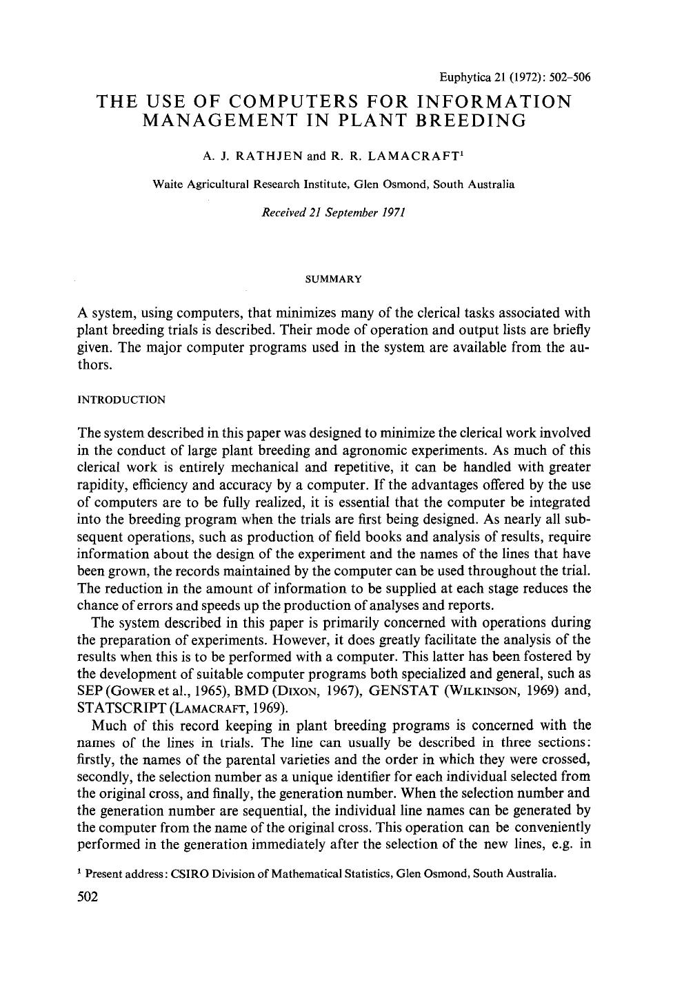 The use of computers for information management in plant breeding by Unknown