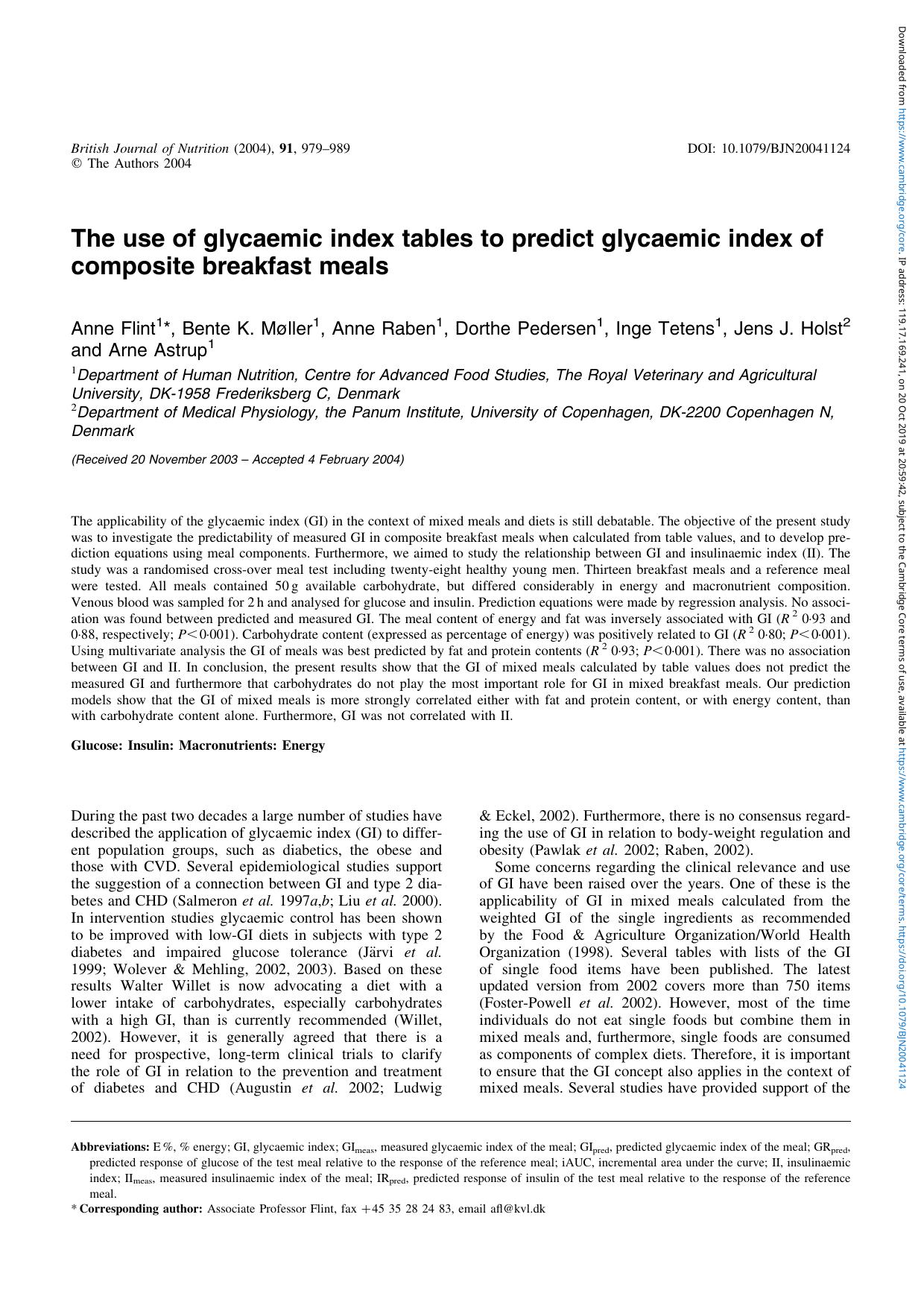The use of glycaemic index tables to predict glycaemic index of composite breakfast meals by Anne Flint Bente K. Møller Anne Raben Dorthe Pedersen Inge Tetens Jens J. Holst Arne Astrup
