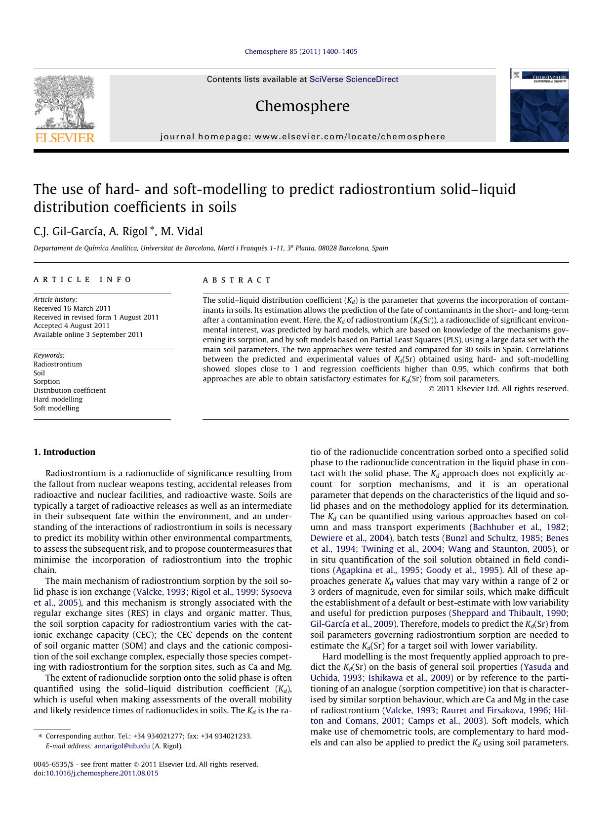 The use of hard- and soft-modelling to predict radiostrontium solidÃ¢â¬âliquid distribution coefficients in soils by C.J. Gil-GarcÃ­a & A. Rigol & M. Vidal