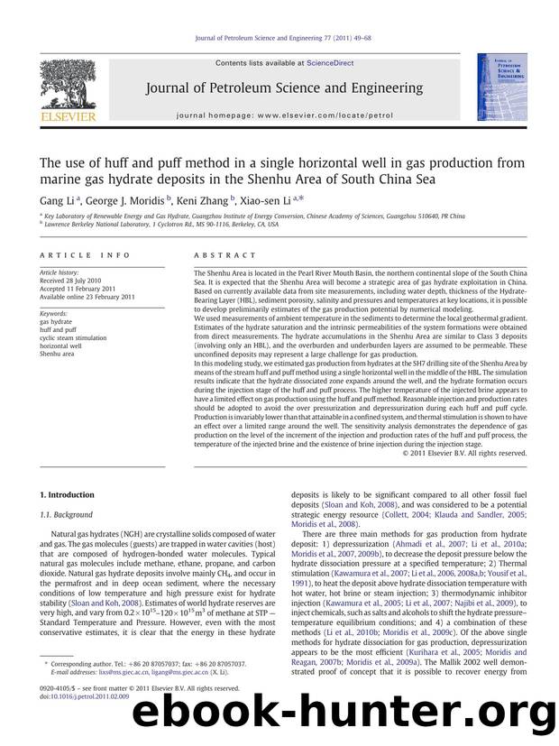 The use of huff and puff method in a single horizontal well in gas production from marine gas hydrate deposits in the Shenhu Area of South China Sea by Gang Li & George J. Moridis & Keni Zhang & Xiao-sen Li
