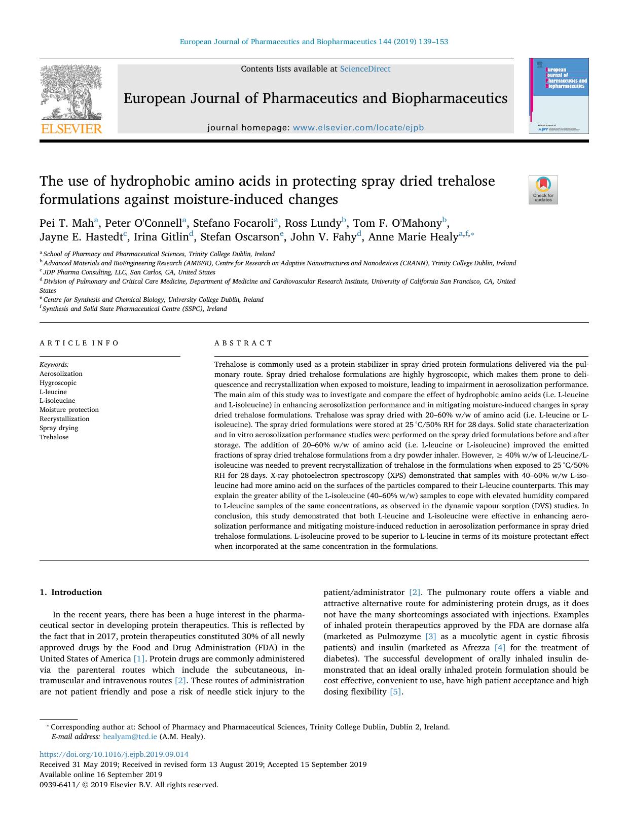 The use of hydrophobic amino acids in protecting spray dried trehalose formulations against moisture-induced changes by unknow