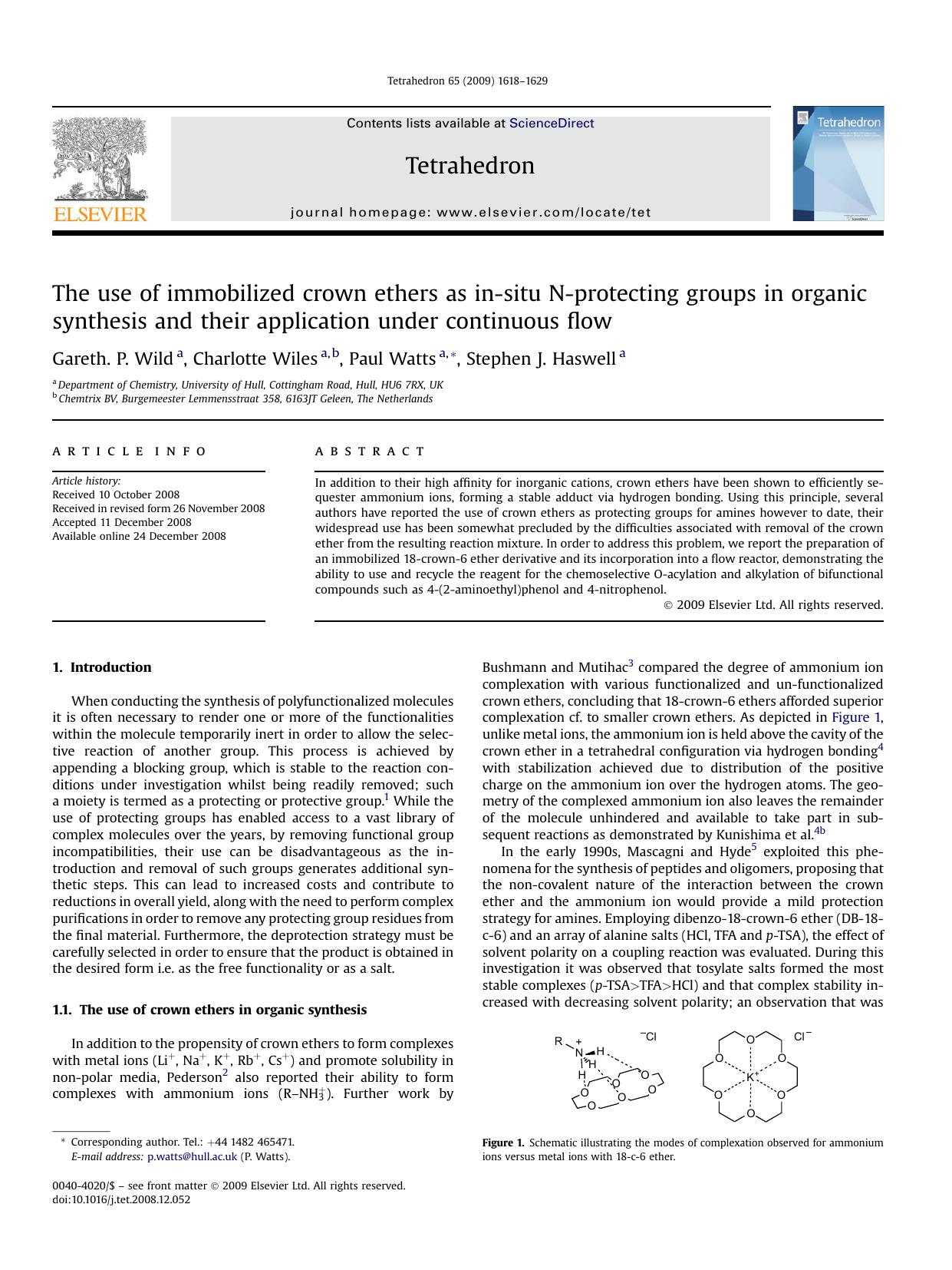 The use of immobilized crown ethers as in-situ N-protecting groups in organic synthesis and their application under continuous flow by Gareth. P. Wild; Charlotte Wiles; Paul Watts; Stephen J. Haswell