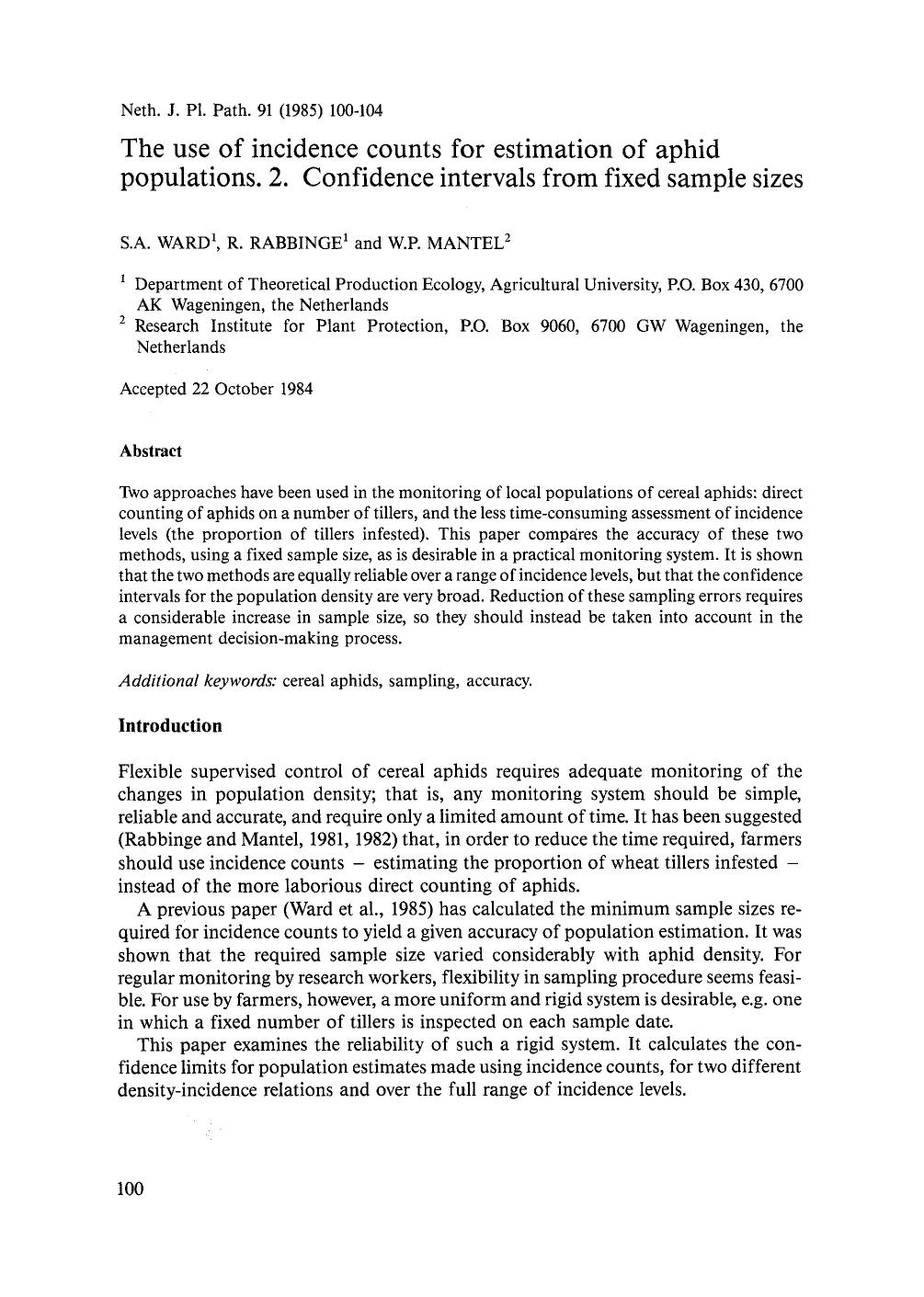 The use of incidence counts for estimation of aphid populations. 2. Confidence intervals from fixed sample sizes by Unknown