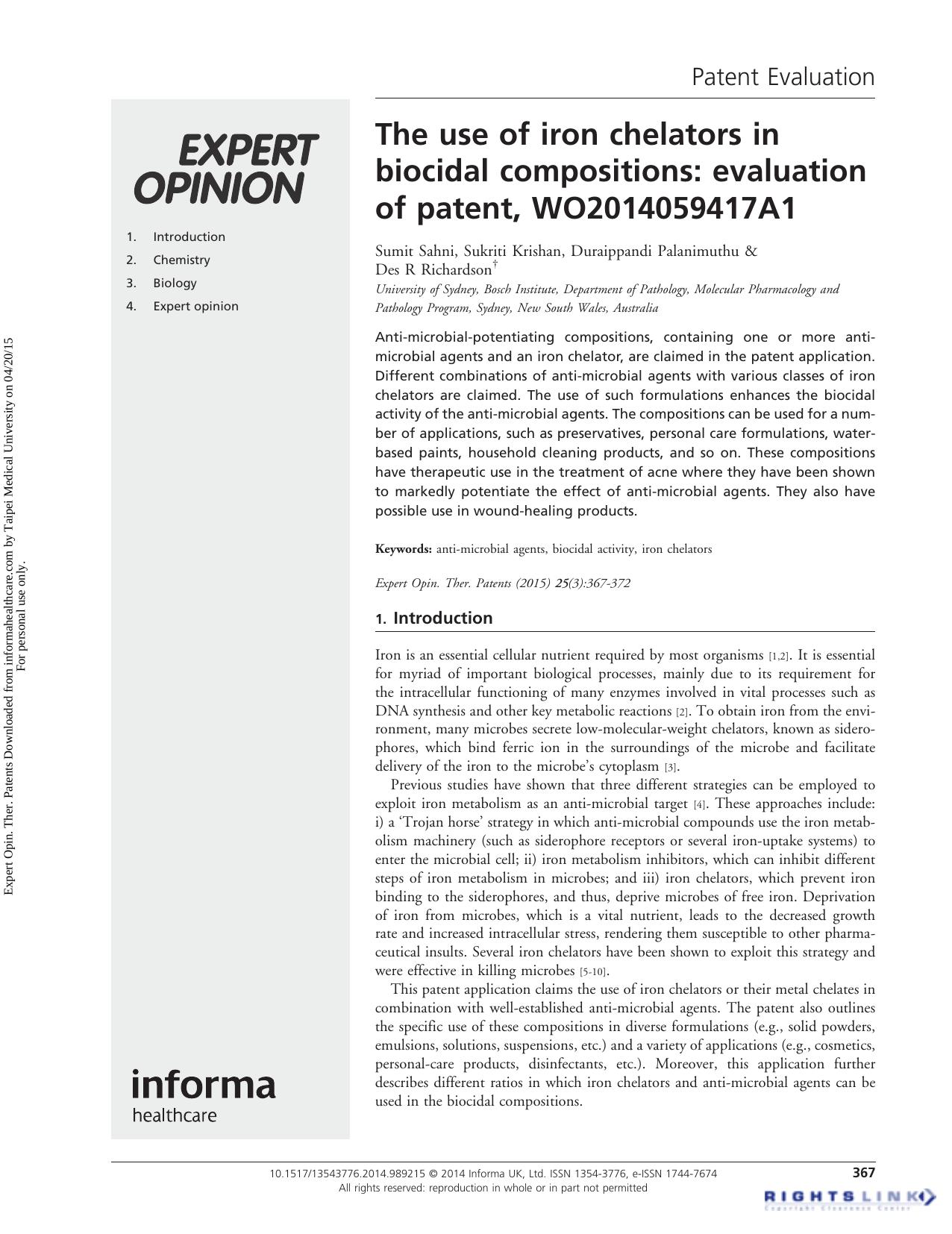 The use of iron chelators in biocidal compositions: evaluation of patent, WO2014059417A1 by Sumit Sahni Sukriti Krishan Duraippandi Palanimuthu Des R Richardson