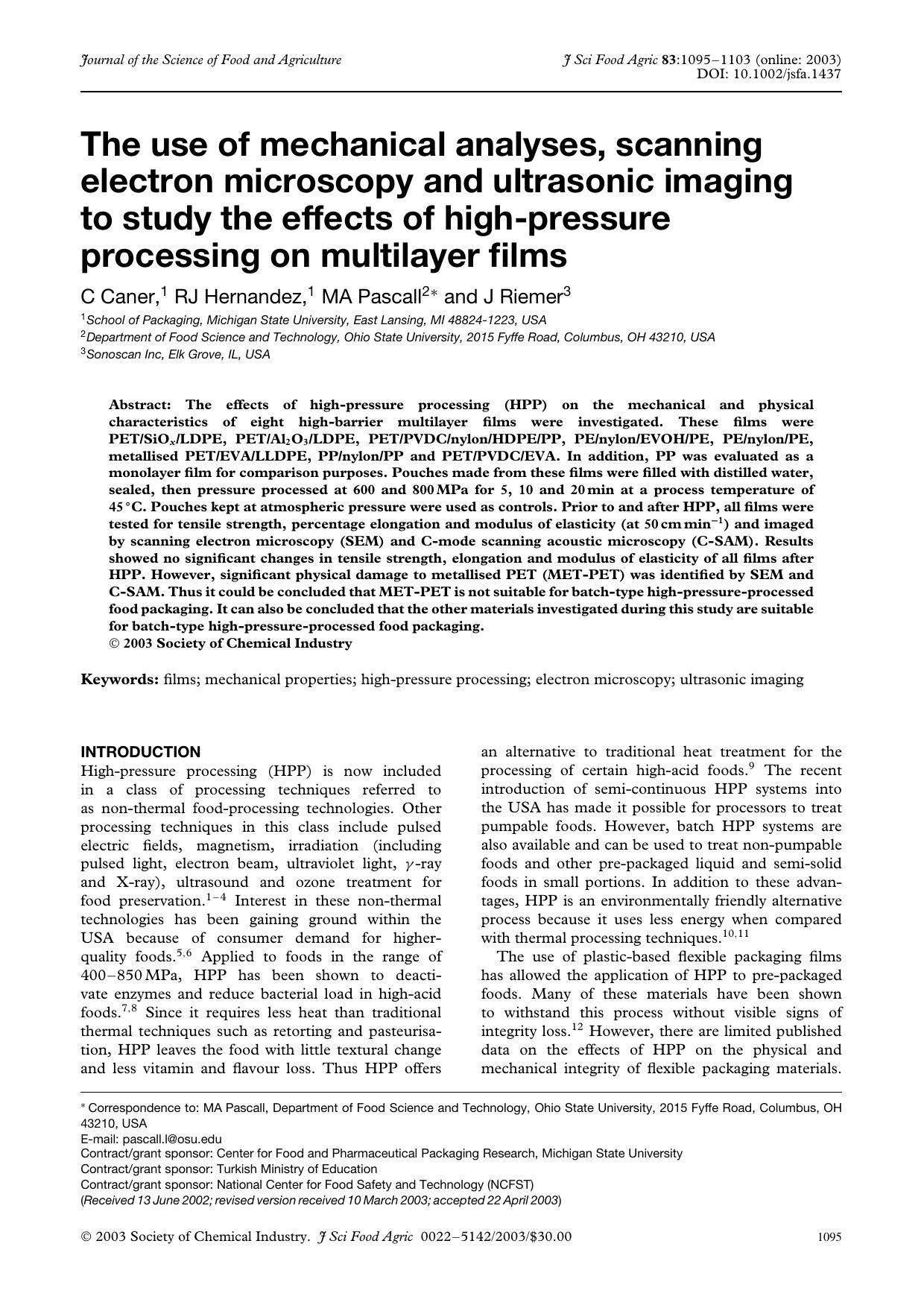 The use of mechanical analyses, scanning electron microscopy and ultrasonic imaging to study the effects of high-pressure processing on multilayer films by Unknown