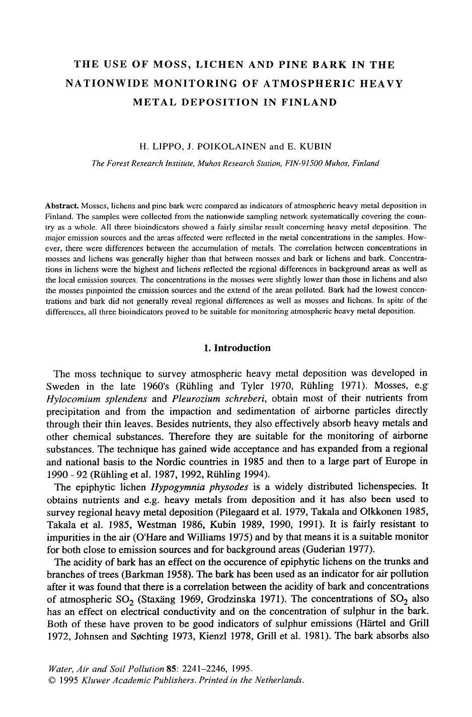 The use of moss, lichen and pine bark in the nationwide monitoring of atmospheric heavy metal deposition in Finland by Unknown