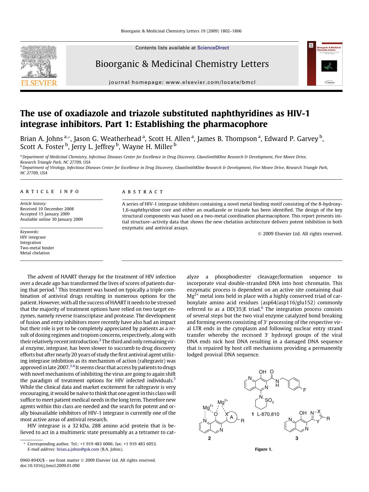 The use of oxadiazole and triazole substituted naphthyridines as HIV-1 integrase inhibitors. Part 1: Establishing the pharmacophore by unknow