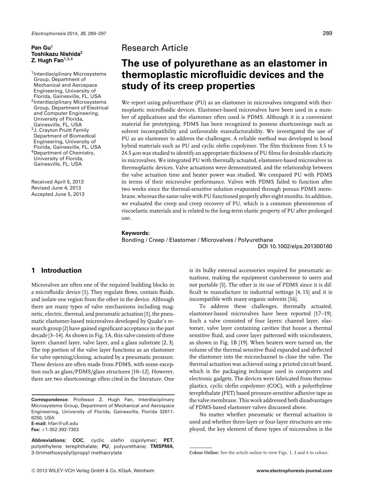 The use of polyurethane as an elastomer in thermoplastic microfluidic devices and the study of its creep properties by Unknown