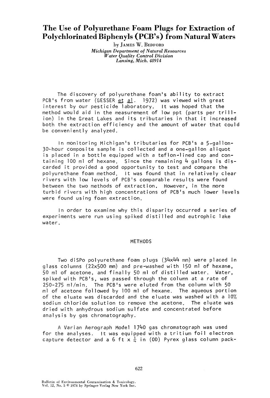 The use of polyurethane foam plugs for extraction of polychlorinated biphenyls (PCB's) from natural waters by Unknown