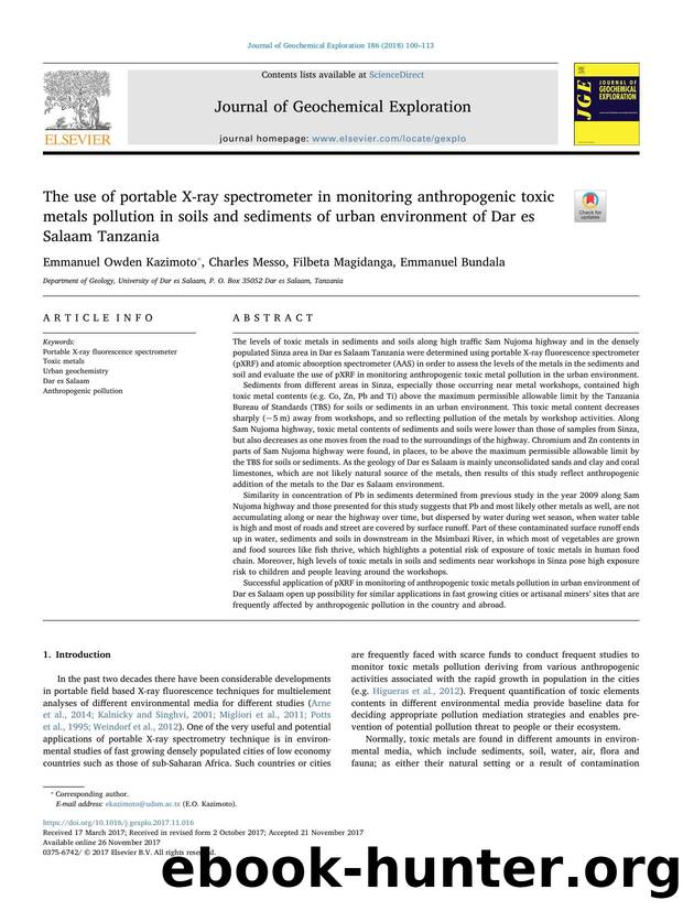 The use of portable X-ray spectrometer in monitoring anthropogenic toxic metals pollution in soils and sediments of urban environment of Dar es Salaam Tanzania by Emmanuel Owden Kazimoto & Charles Messo & Filbeta Magidanga & Emmanuel Bundala