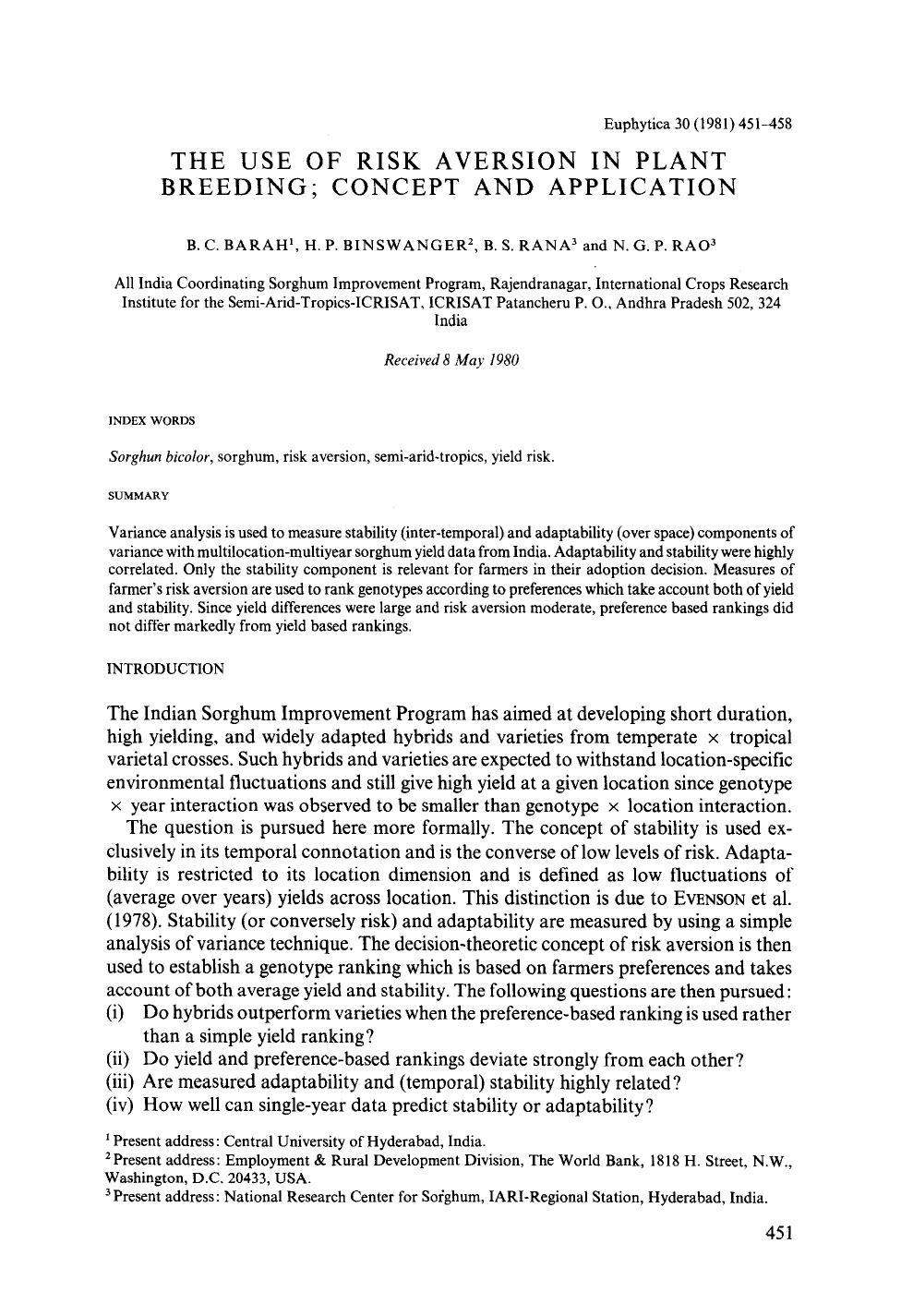 The use of risk aversion in plant breeding; Concept and application by Unknown