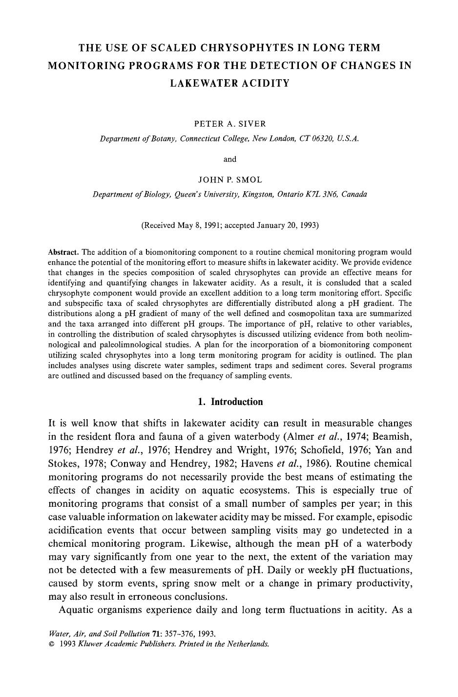 The use of scaled chrysophytes in long term monitoring programs for the detection of changes in lakewater acidity by Unknown