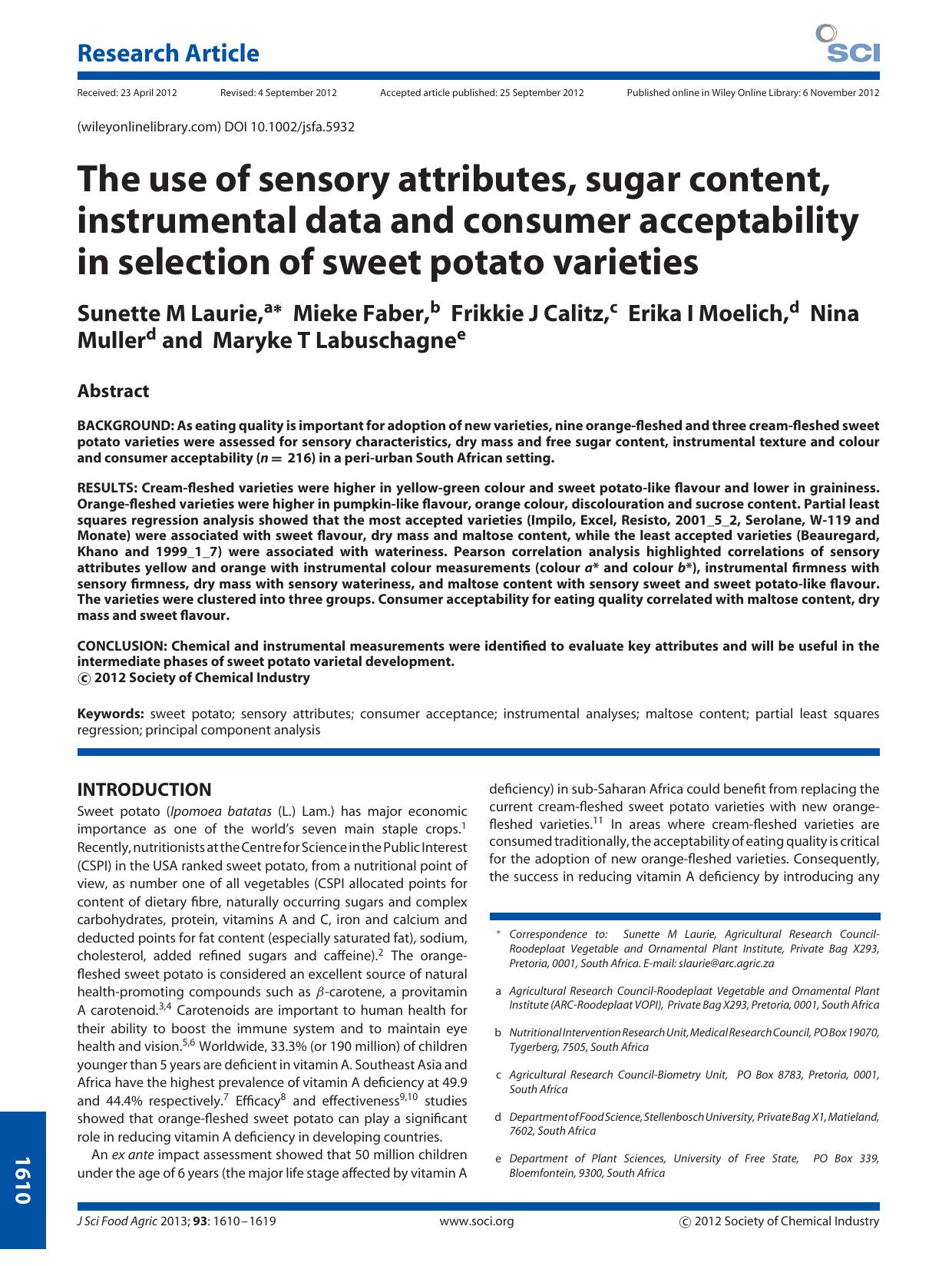 The use of sensory attributes, sugar content, instrumental data and consumer acceptability in selection of sweet potato varieties by Unknown