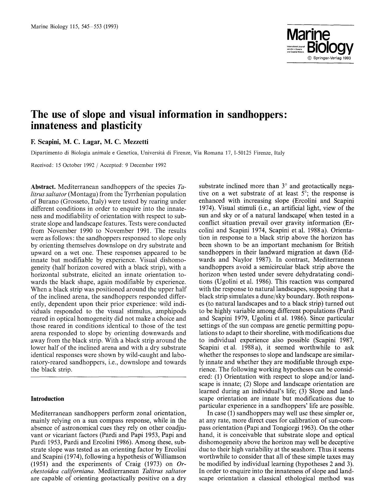The use of slope and visual information in sandhoppers: innateness and plasticity by Unknown