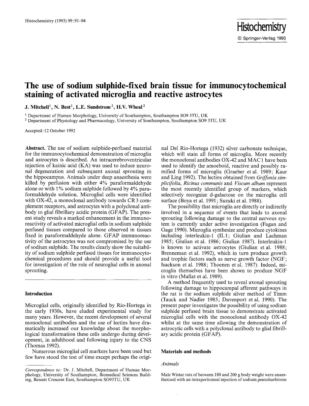The use of sodium sulphide-fixed brain tissue for immunocytochemical staining of activated microglia and reactive astrocytes by Unknown