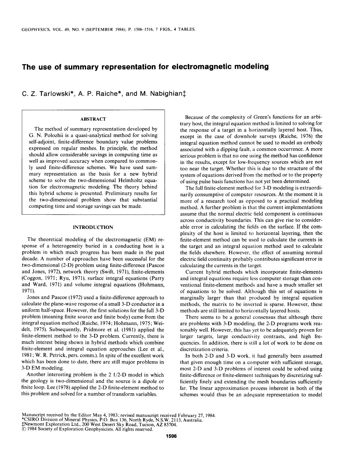 The use of summary representation for electromagnetic modeling by Tarlowski C. Z.; Raiche A. P.; Nabighian M