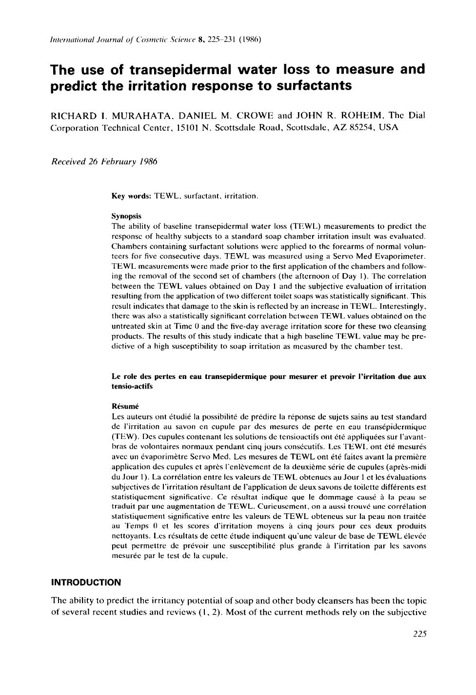 The use of transepidermal water loss to measure and predict the irritation response to surfactants by Unknown