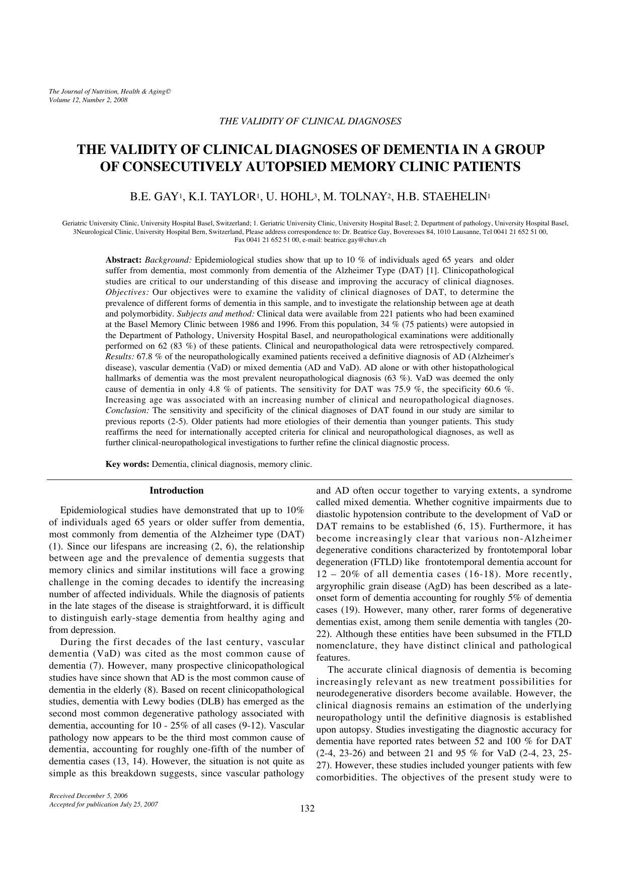 The validity of clinical diagnoses of dementia in a group of consecutively autopsied memory clinic patients by Unknown