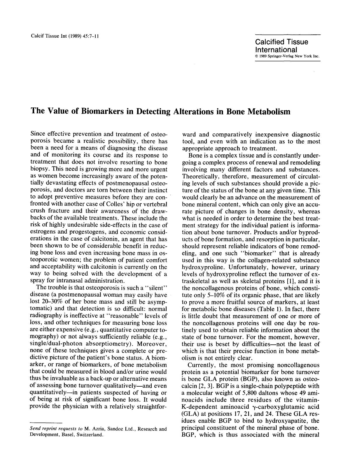 The value of biomarkers in detecting alterations in bone metabolism by Unknown