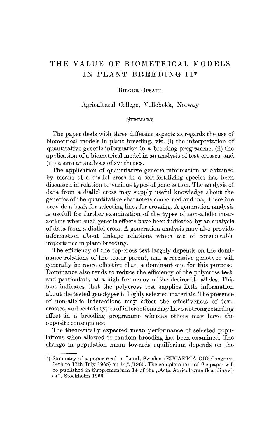 The value of biometrical models in plant breeding II by Unknown