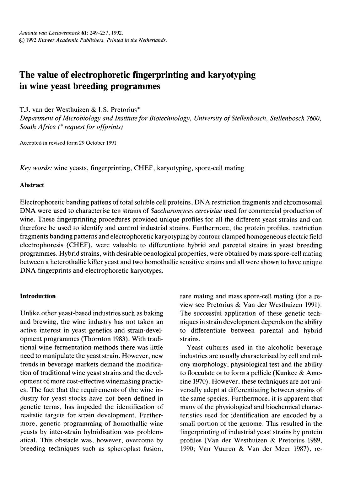 The value of electrophoretic fingerprinting and karyotyping in wine yeast breeding programmes by Unknown