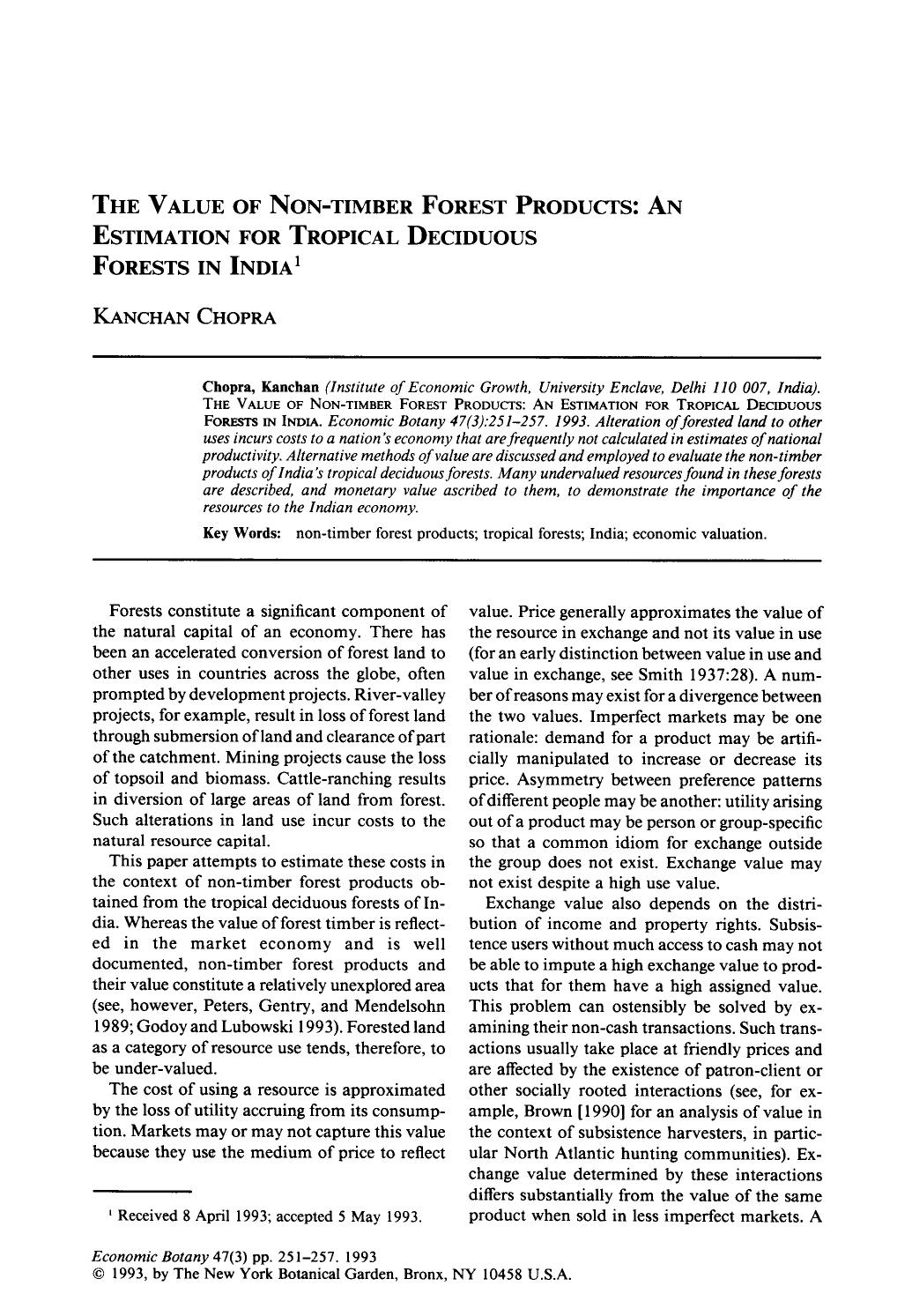 The value of non-timber forest products: An estimation for tropical deciduous forests in India by Unknown