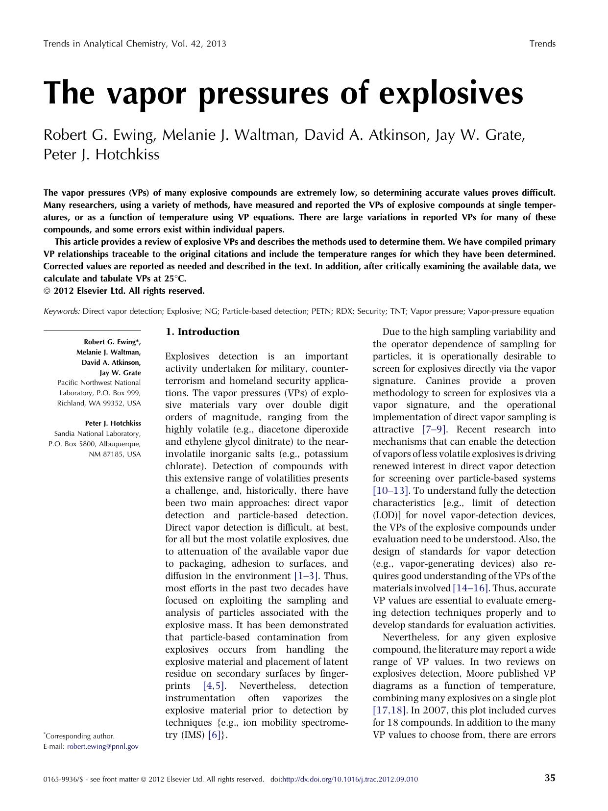 The vapor pressures of explosives by Robert G. Ewing & Melanie J. Waltman & David A. Atkinson & Jay W. Grate & Peter J. Hotchkiss