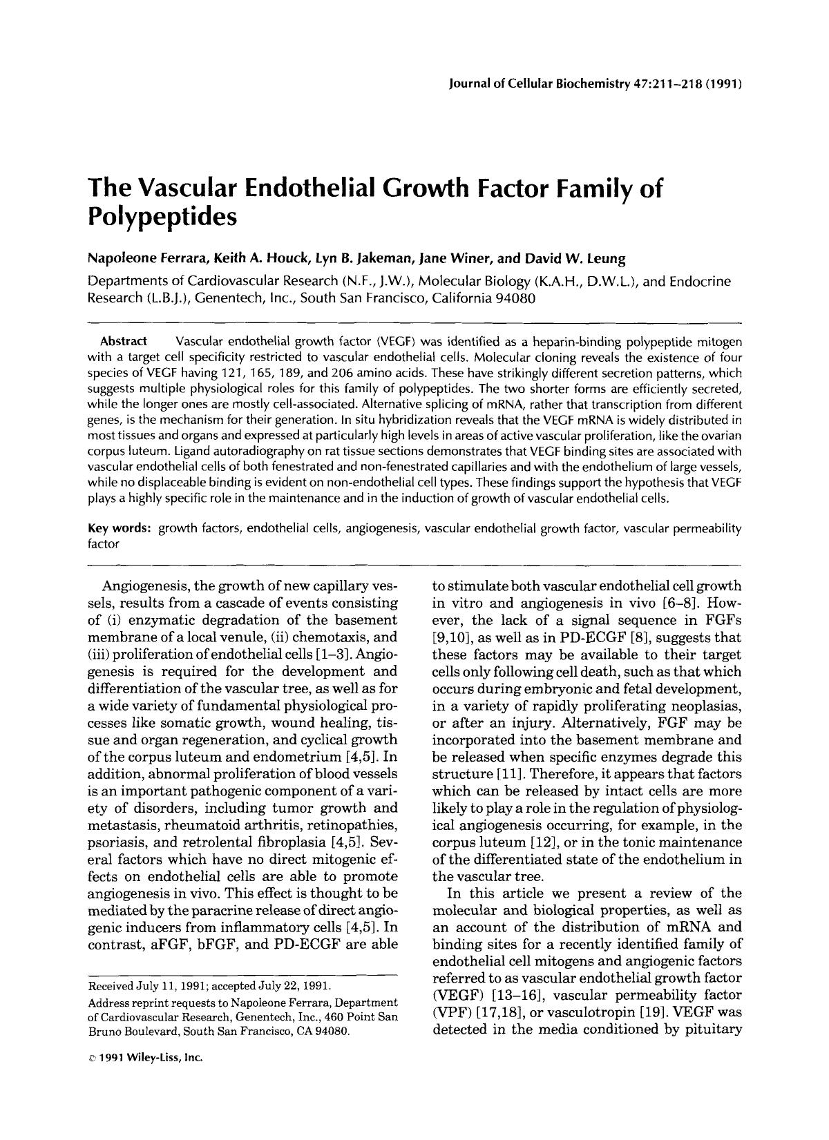 The vascular endothelial growth factor family of polypeptides by Unknown