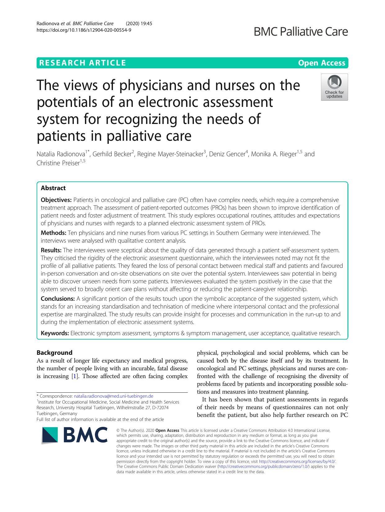 The views of physicians and nurses on the potentials of an electronic assessment system for recognizing the needs of patients in palliative care by unknow