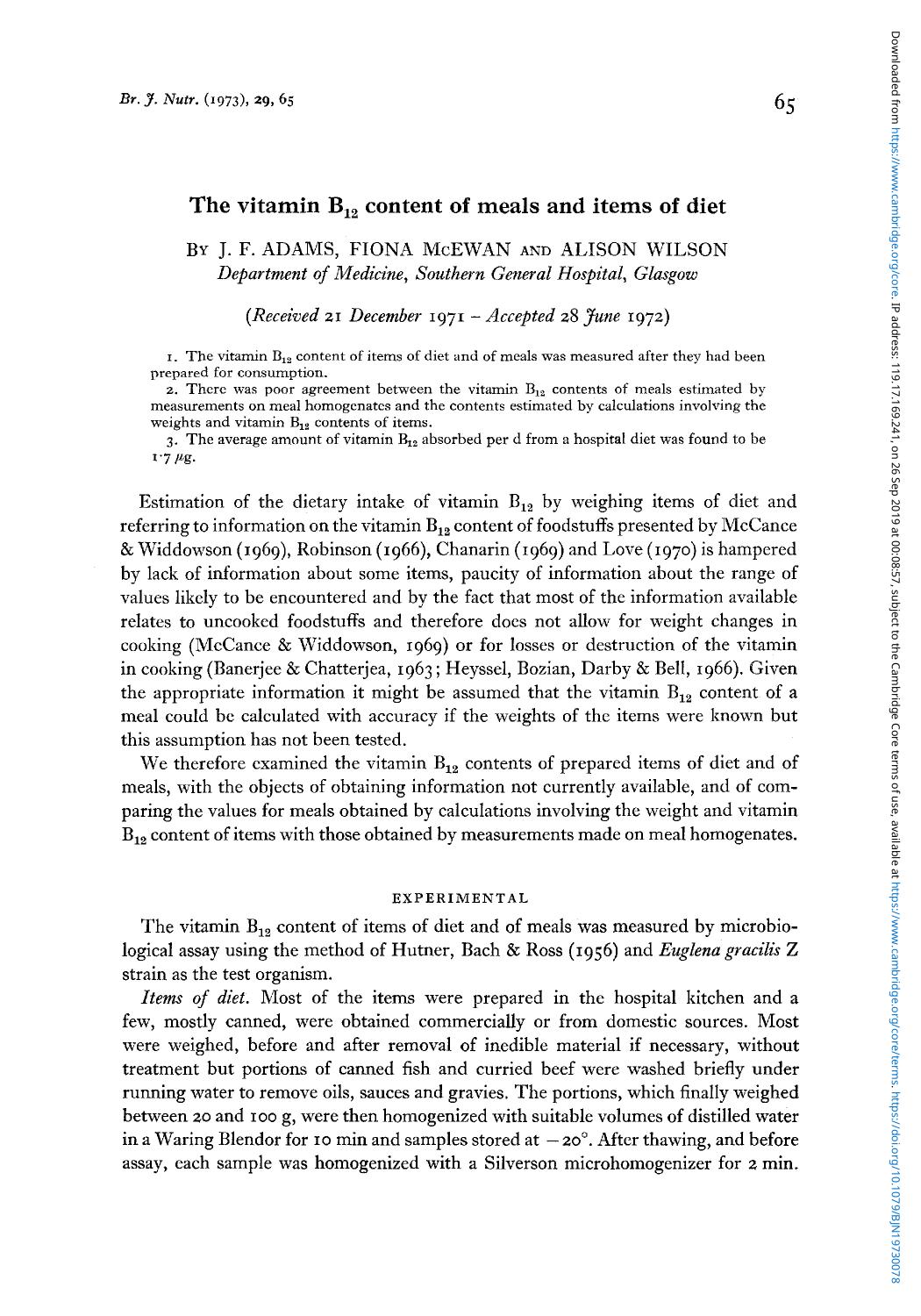The vitamin B12 content of meals and items of diet by J. F. Adams Fiona Mcewan & Alison Wilson
