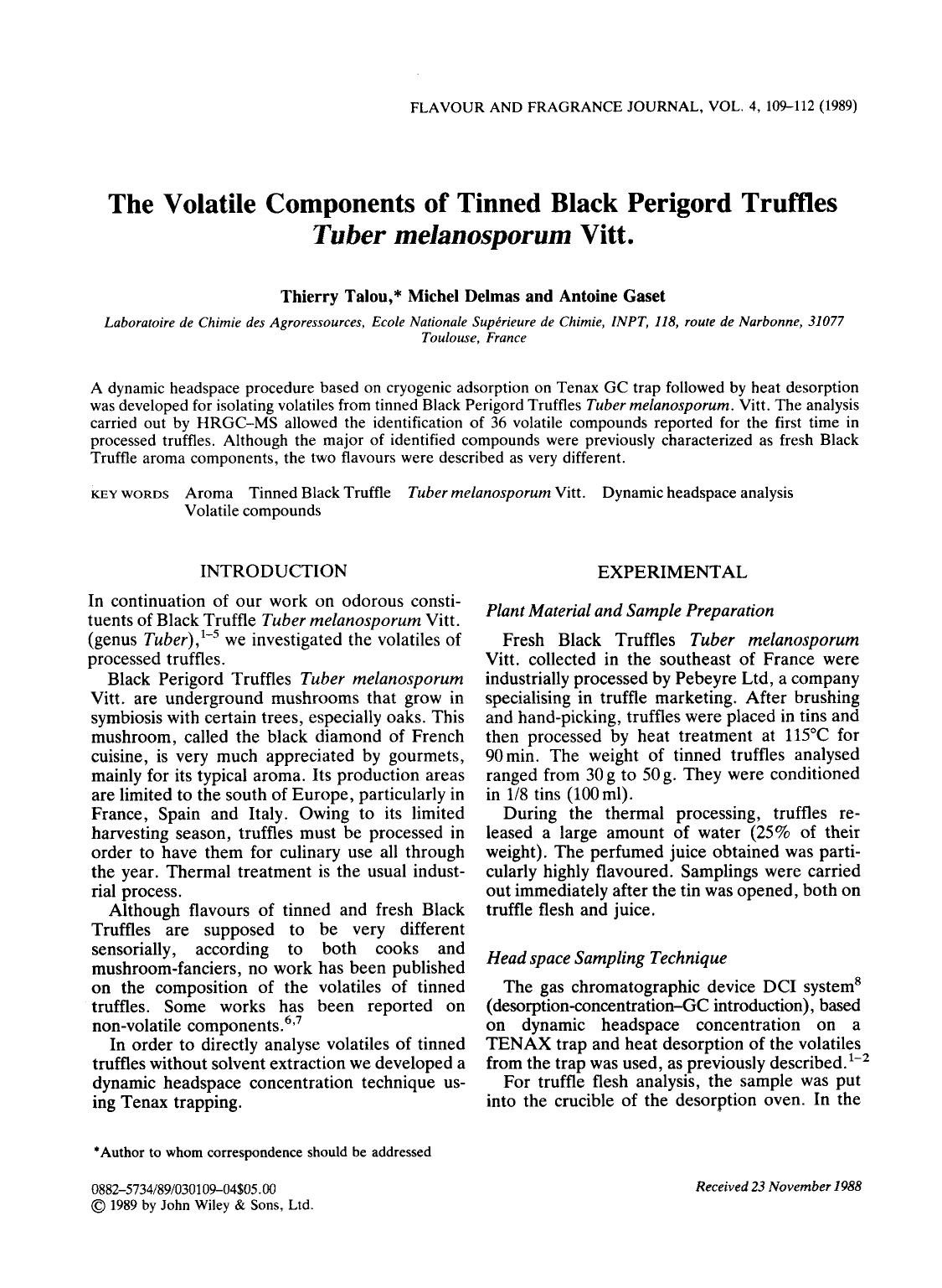 The volatile components of tinned black perigord Truffles Tuber melanosporum vitt by Unknown