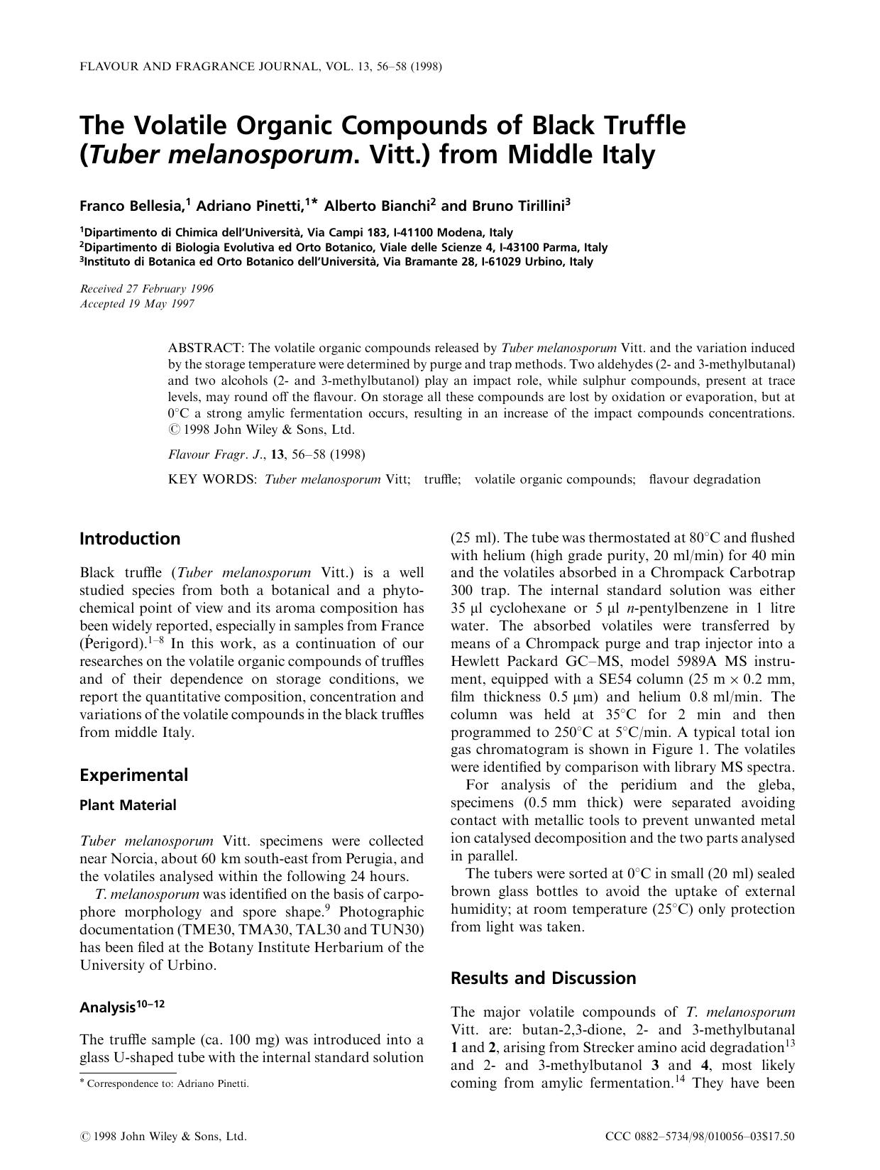 The volatile organic compounds of black truffle (Tuber melanosporum Vitt.) from Middle Italy by Unknown