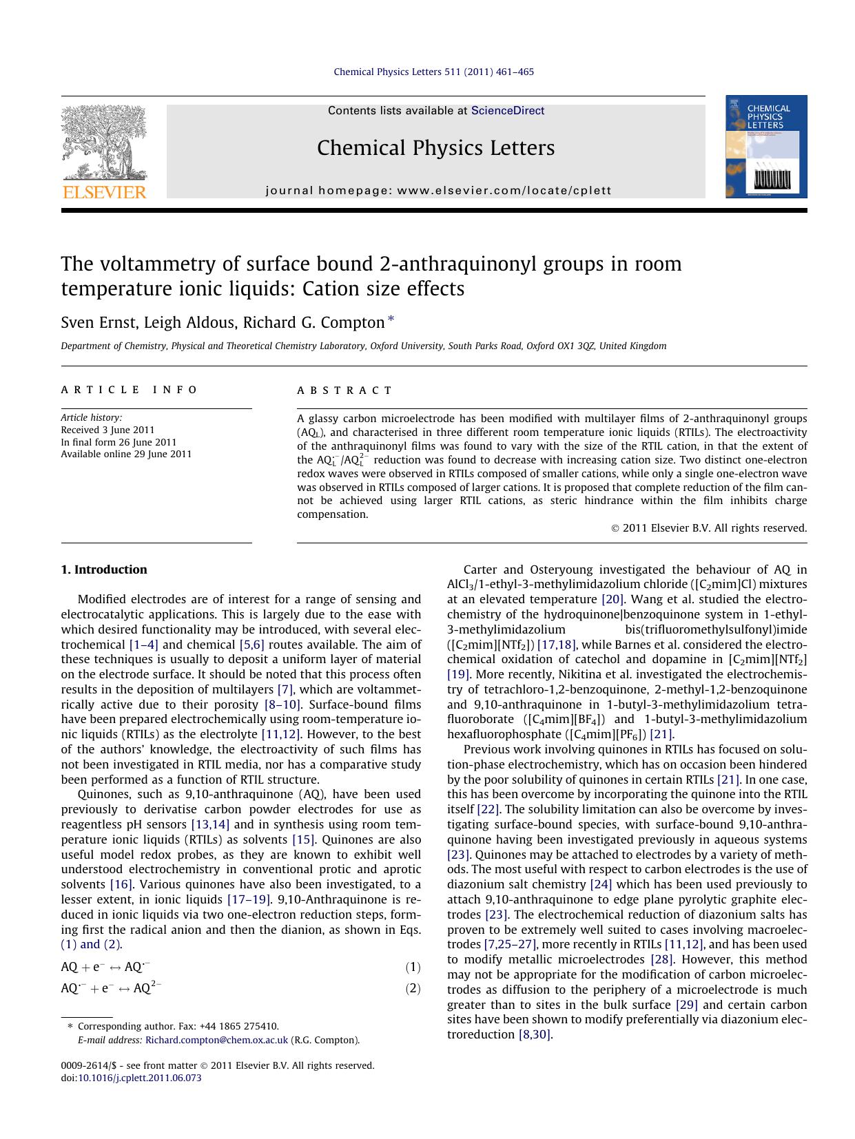 The voltammetry of surface bound 2-anthraquinonyl groups in room temperature ionic liquids: Cation size effects by Sven Ernst & Leigh Aldous & Richard G. Compton