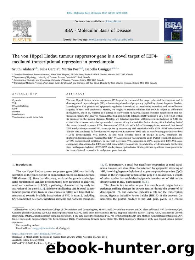 The von Hippel Lindau tumour suppressor gene is a novel target of E2F4-mediated transcriptional repression in preeclampsia by Sruthi Alahari & Julia Garcia & Martin Post & Isabella Caniggia