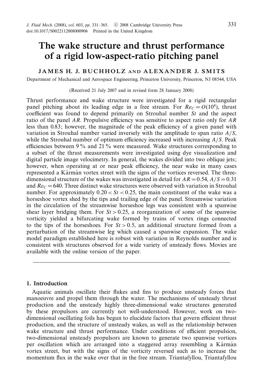 The wake structure and thrust performance of a rigid low-aspect-ratio pitching panel by JAMES H. J. BUCHHOLZ & ALEXANDER J. SMITS