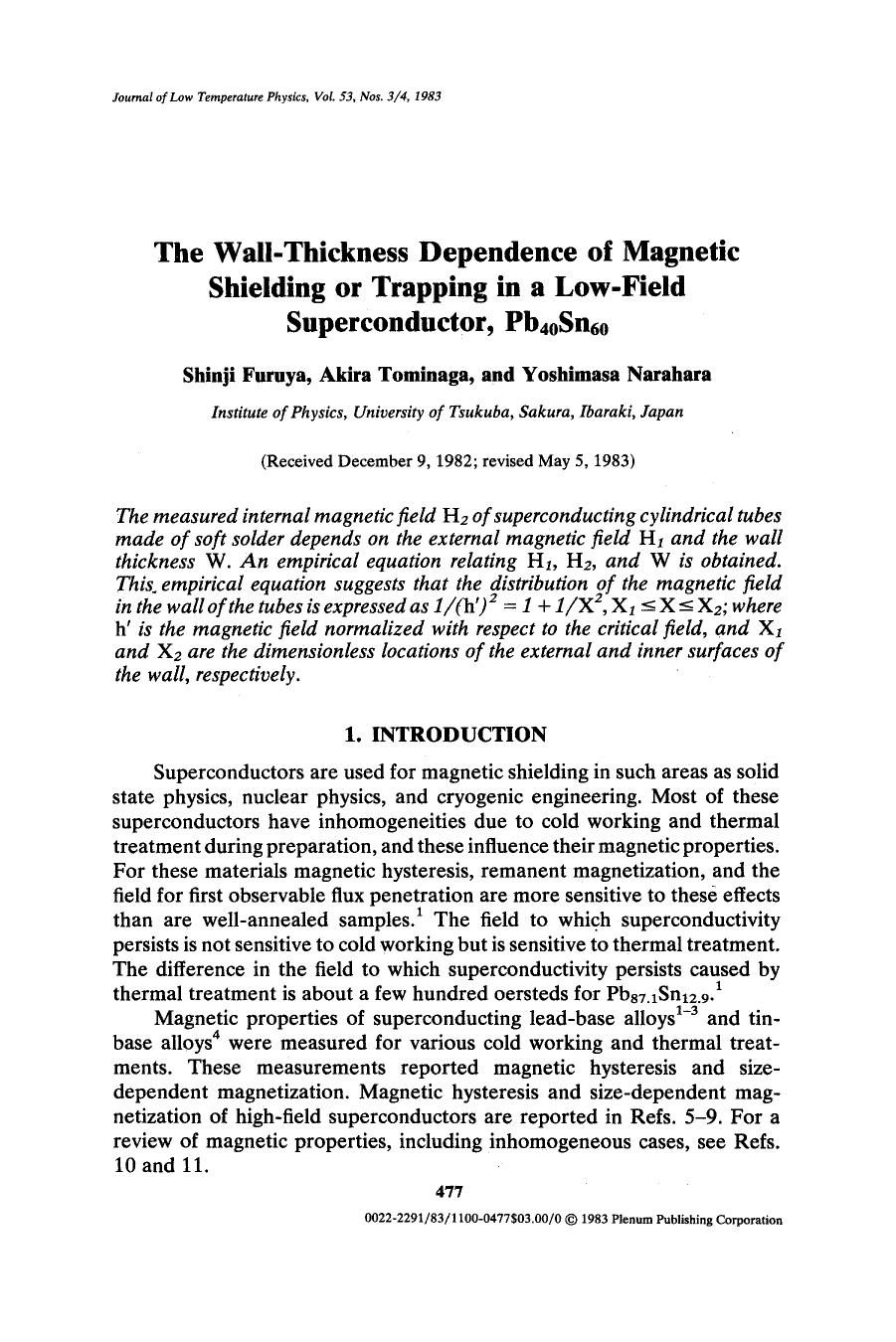 The wall-thickness dependence of magnetic shielding or trapping in a low-field superconductor, Pb <Subscript>40 <Subscript>Sn <Subscript>60 <Subscript> by Unknown