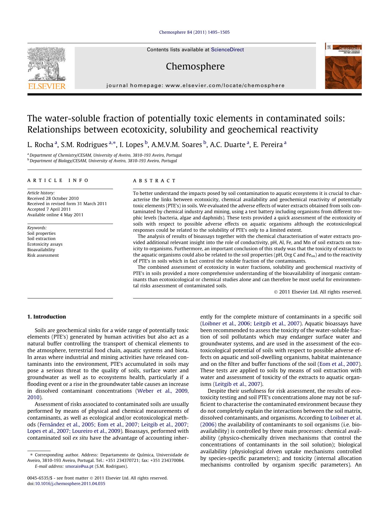 The water-soluble fraction of potentially toxic elements in contaminated soils: Relationships between ecotoxicity, solubility and geochemical reactivity by L. Rocha & S.M. Rodrigues & I. Lopes & A.M.V.M. Soares & A.C. Duarte & E. Pereira