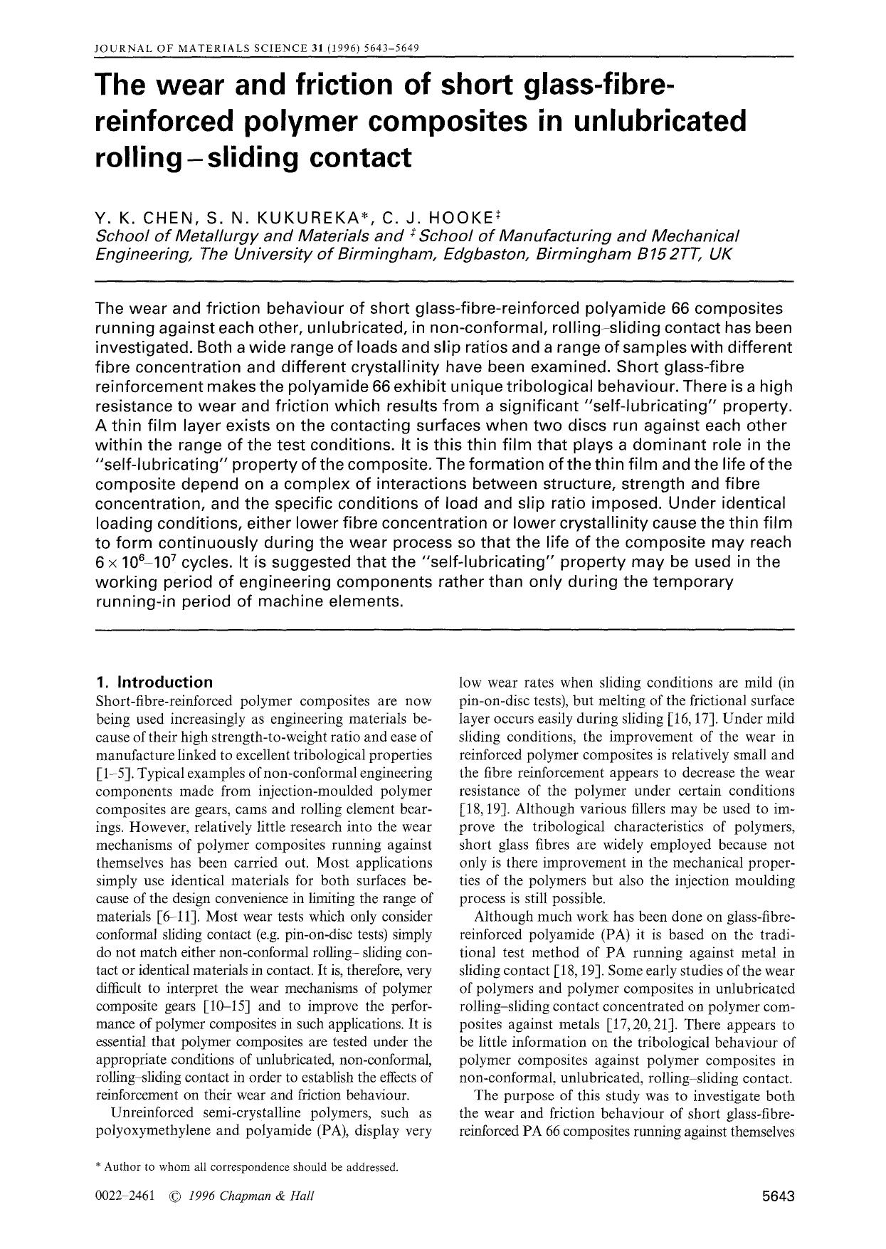 The wear and friction of short glass-fibre-reinforced polymer composites in unlubricated rolling-sliding contact by Unknown