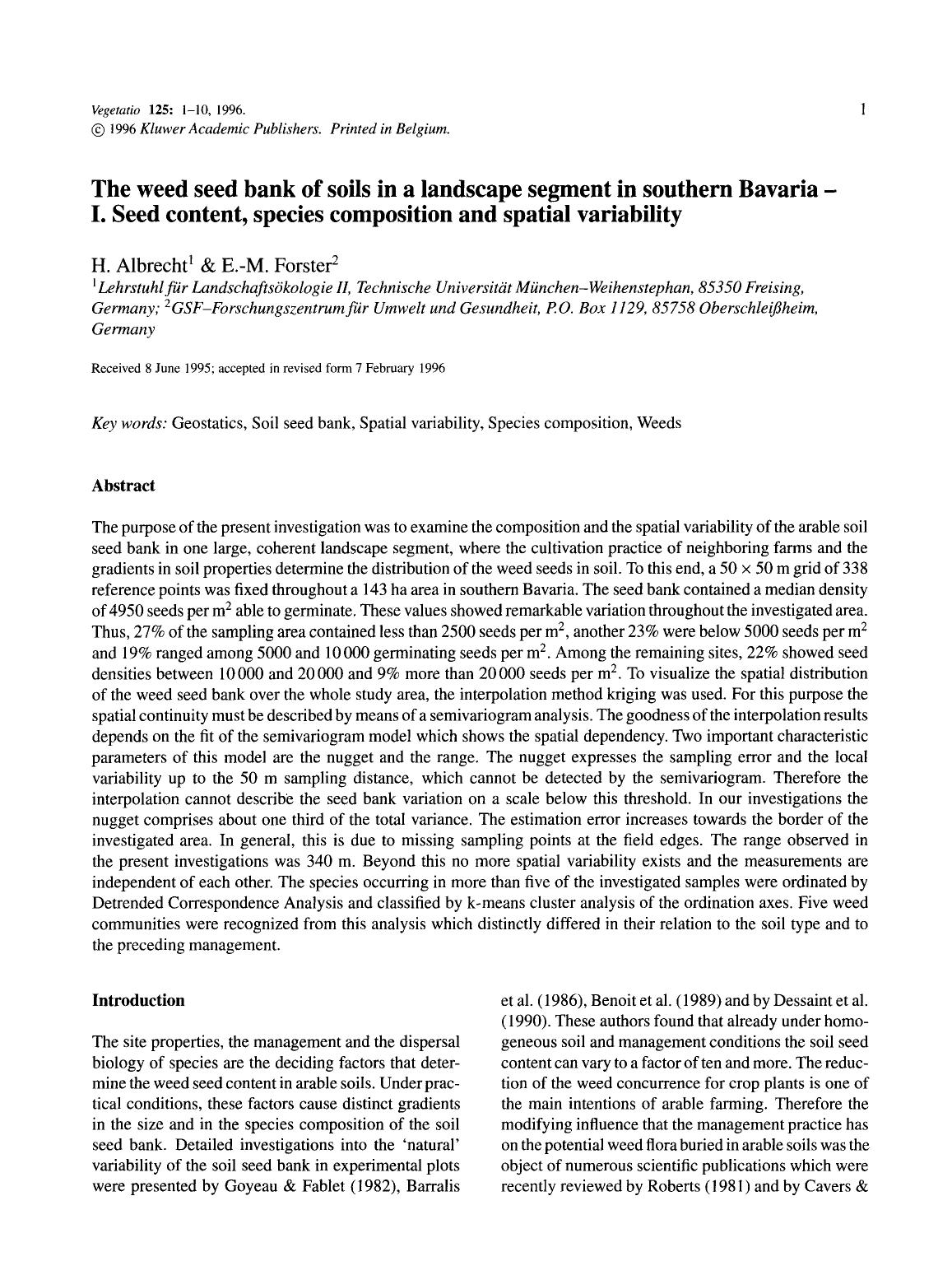 The weed seed bank of soils in a landscape segment in southern Bavaria — I. Seed content, species composition and spatial variability by Unknown